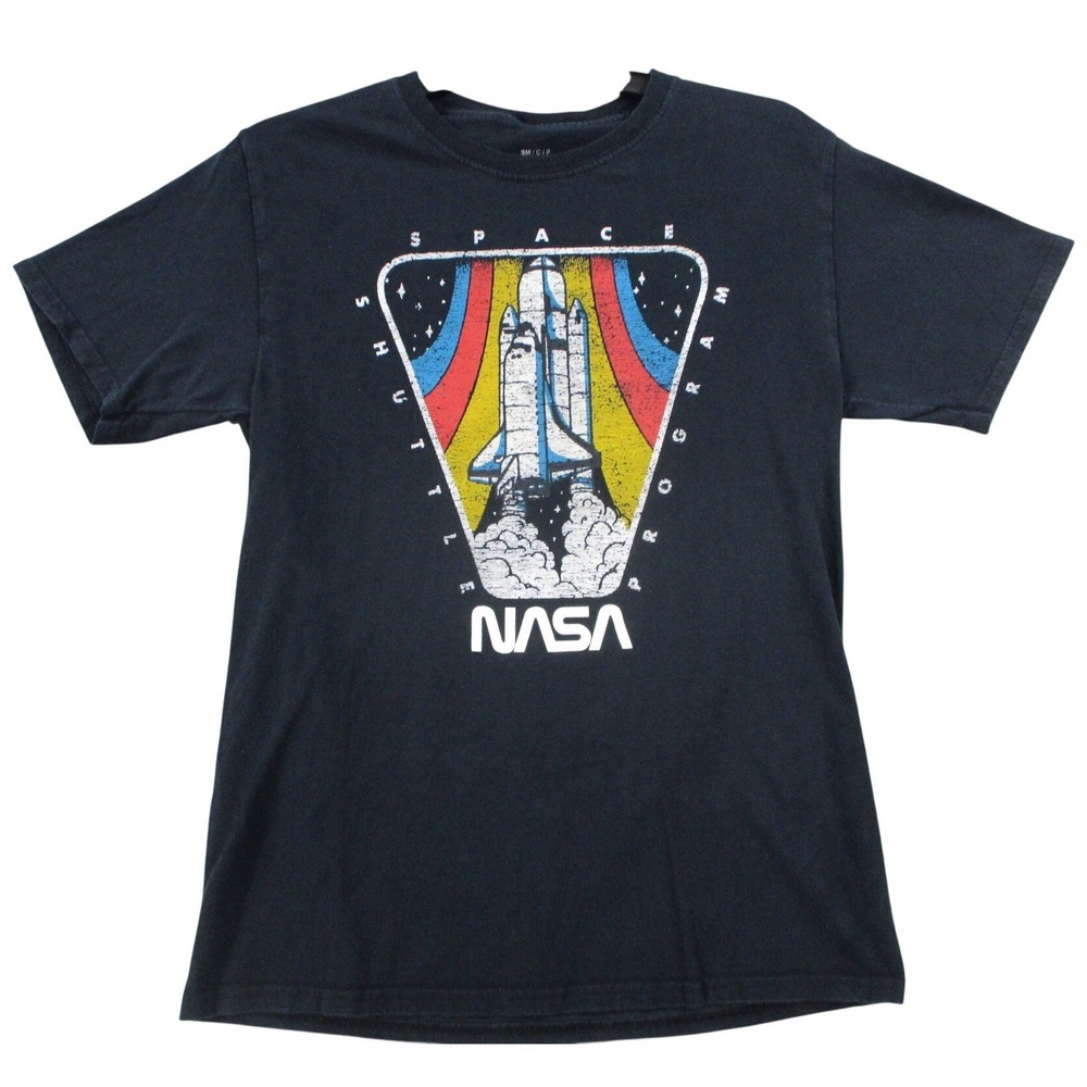 NASA Space Shuttle Program Graphic T-Shirt Mens Small Black Cotton Short Sleeve